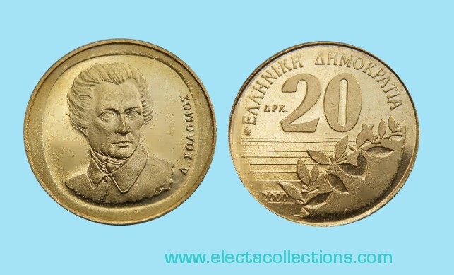 Grecia - 20 drachmas coin UNC, Dionisios Solomos, 2000